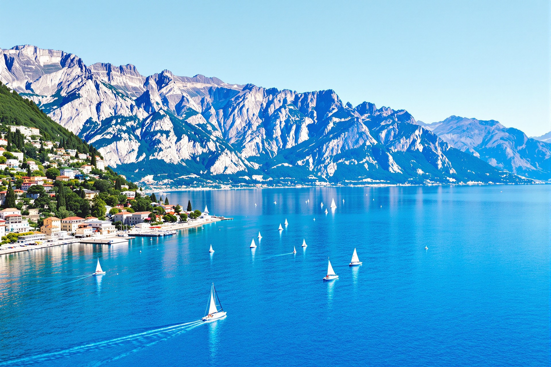 Panorama of Lake Garda with mountains and a lakeside village near Mantua