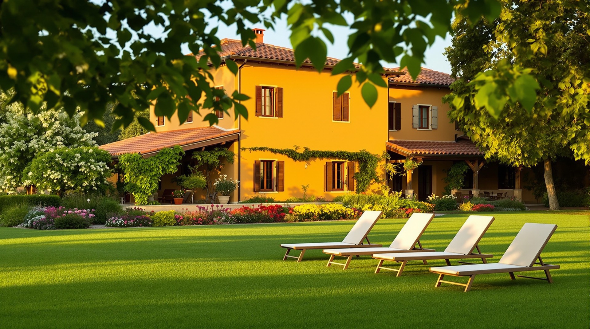 Giardino e facciata del Ninna Nanna B&B nella campagna mantovana al tramonto