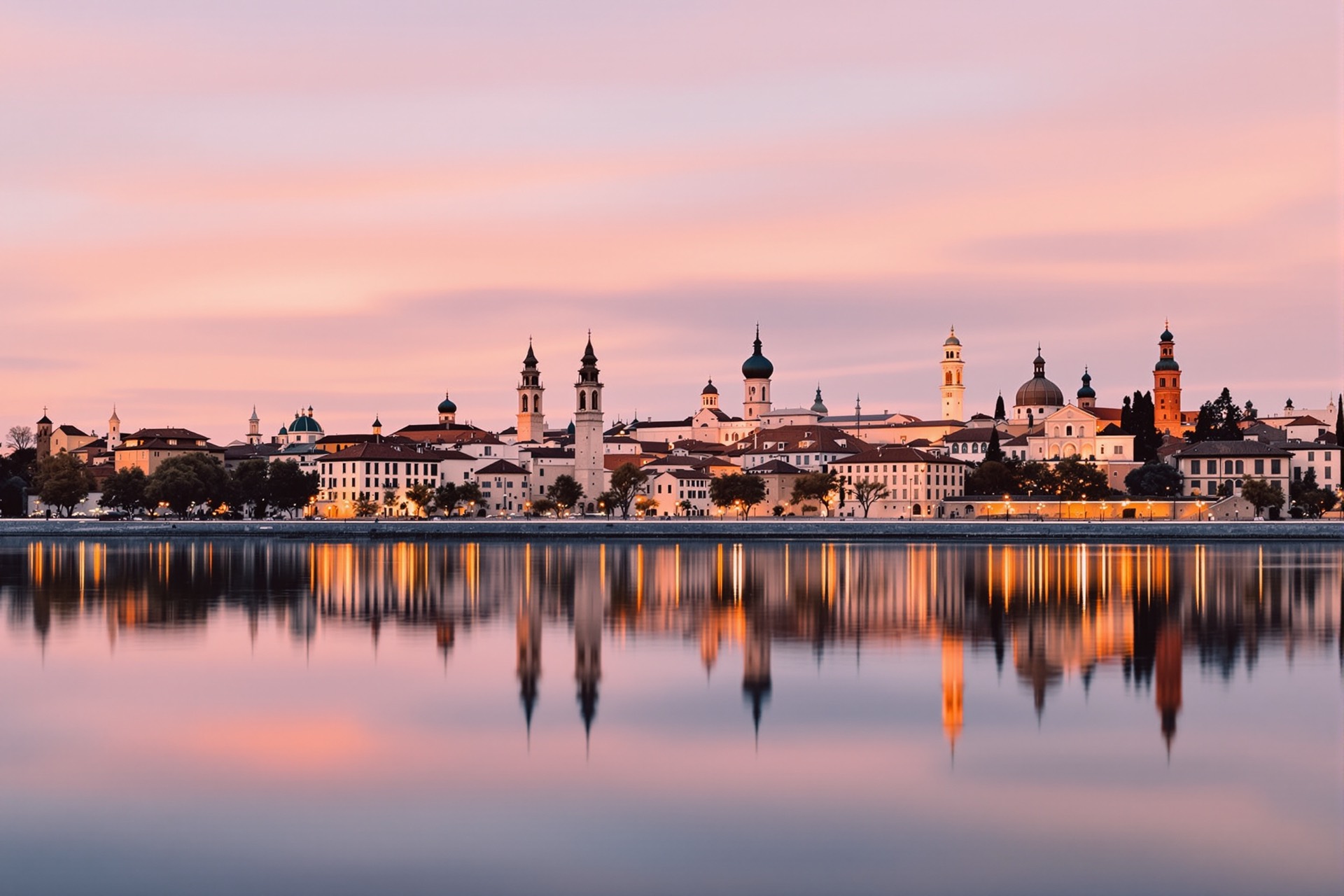 Panorama di Mantova riflessa sul lago al tramonto